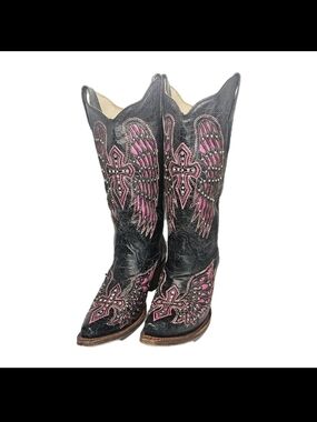 Women's Black Leather Heeled Boots with Pink Wing & Cross Embroidery